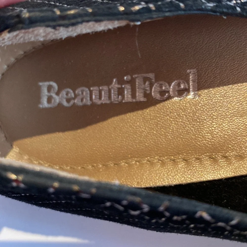 BeautiFeel Black & Gold Suede Leather Medallion Ballet Flats Size 6.5 (37)